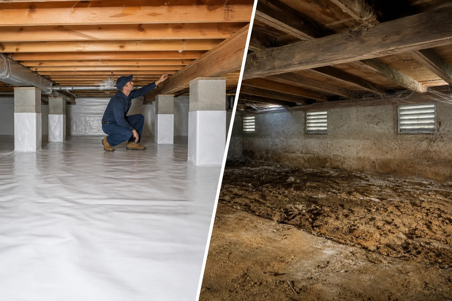 Split view of a worker inspecting a crawl space lined with white vapor barrier and a dirt-floor crawl space with wall vents.