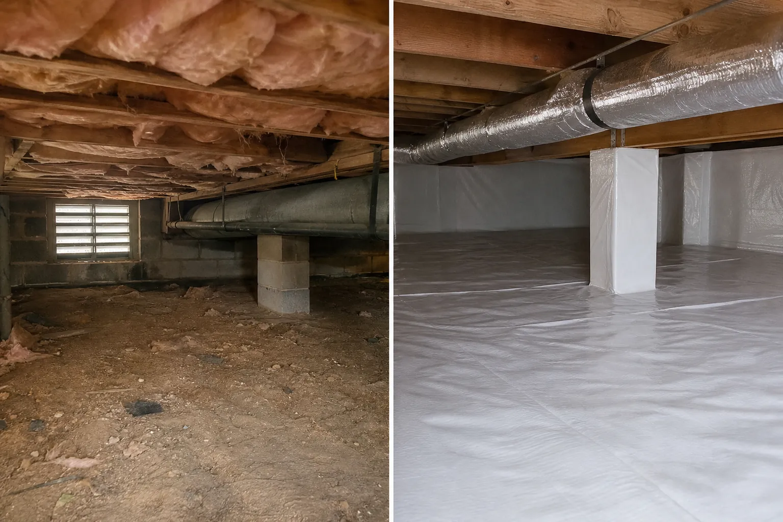 Side-by-side crawl spaces: exposed soil and a wall vent on the left, white floor and wall encapsulation on the right.