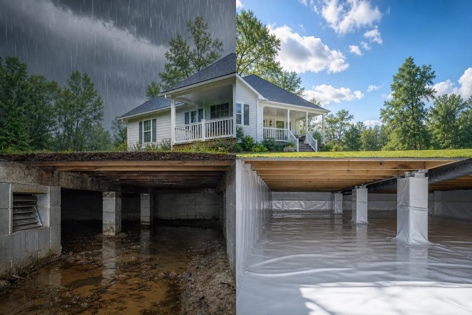 Cutaway beneath a white house compares a muddy, vented crawl space under rain with a lined crawl space beneath sunny skies.