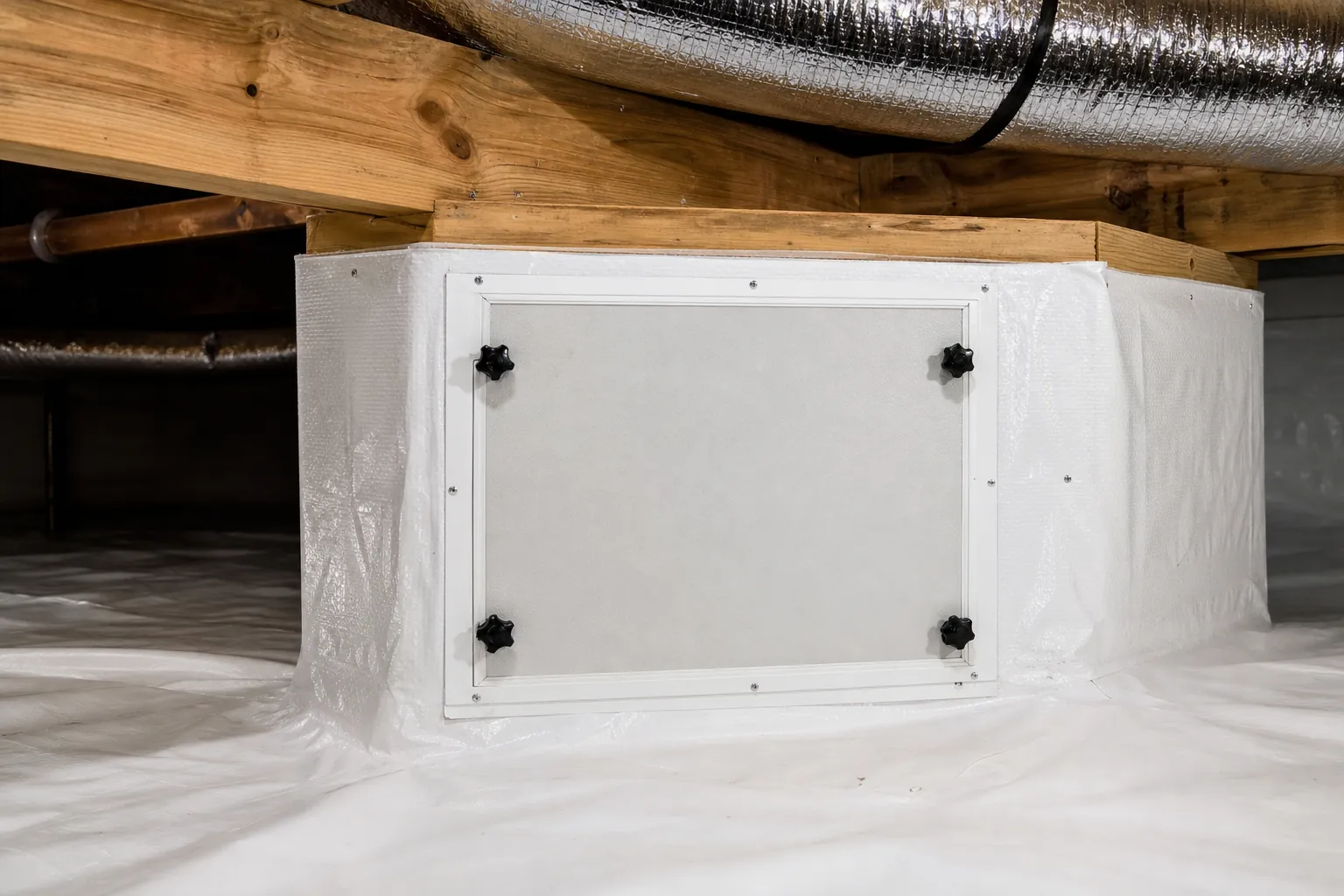 Editorial illustration of Which Access Door Materials Work Best for Sealed North Carolina Crawl Spaces?