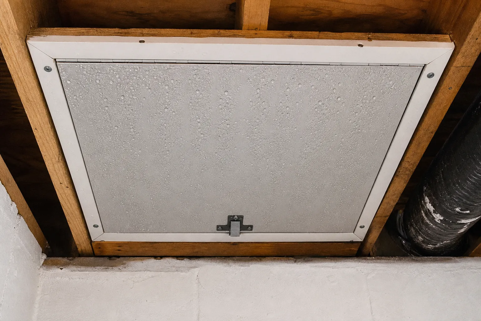 Editorial illustration of Why Is My Crawl Space Access Hatch Covered in Condensation? in North Carolina
