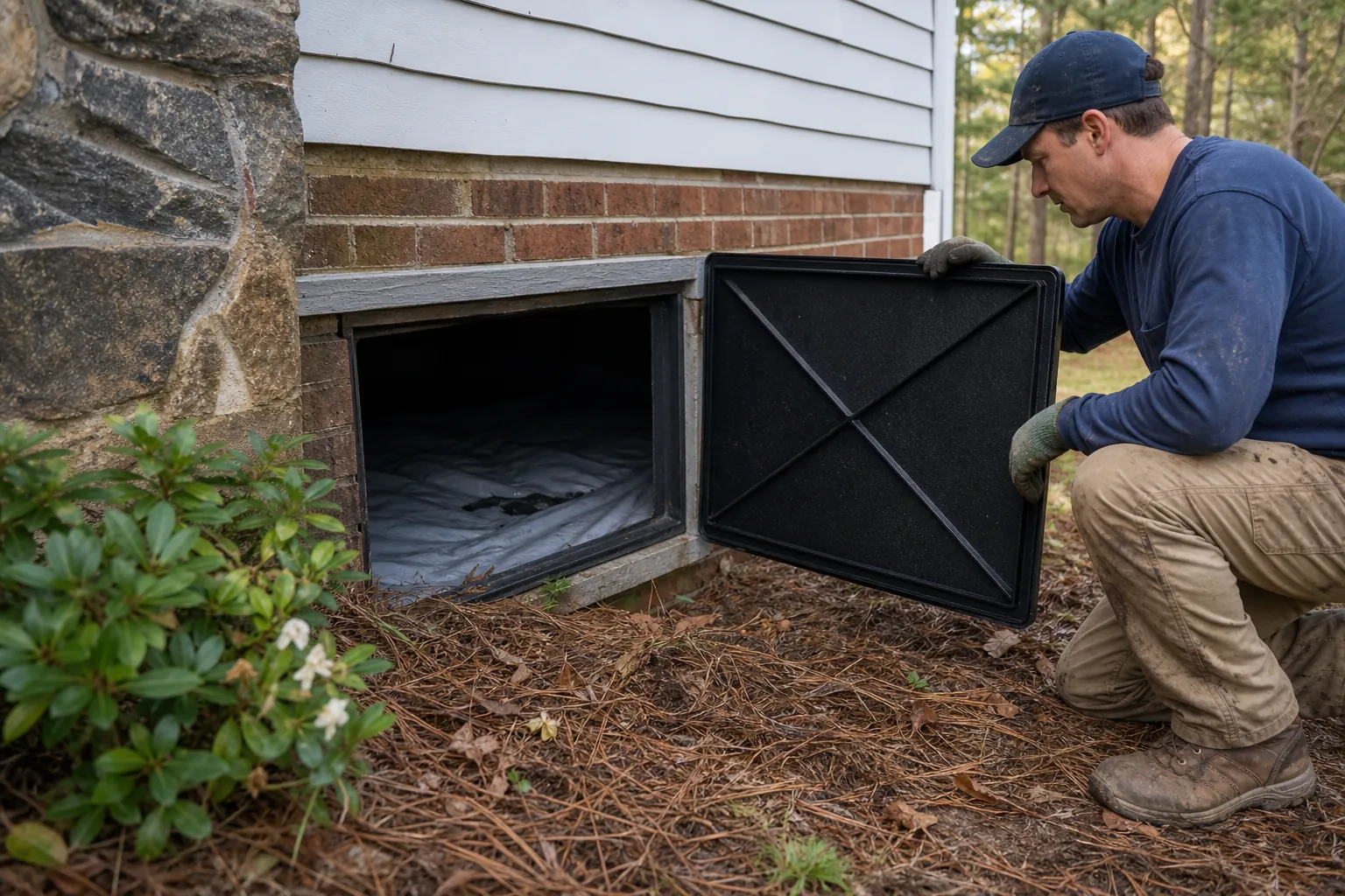 Worker kneels beside an open black crawl space access door at the brick foundation of a house.