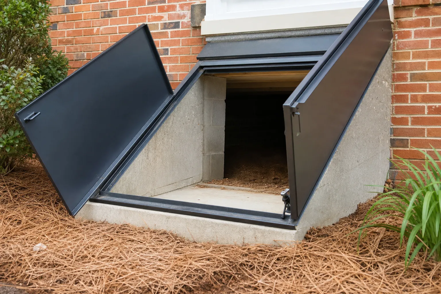 Open black metal bulkhead doors provide exterior access to a crawl space beneath a brick house.