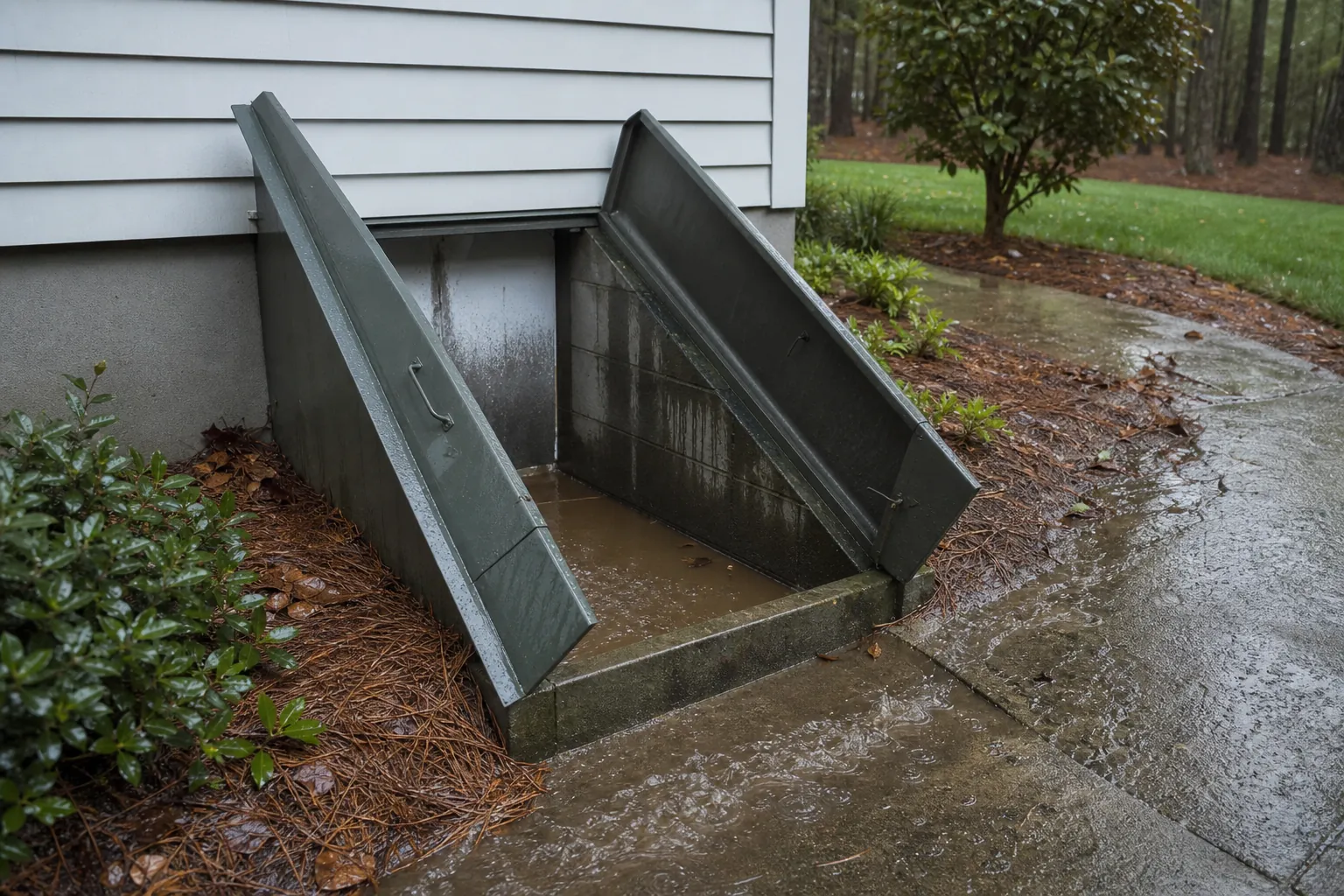 Open crawl space bulkhead doors with pooled rainwater beside a wet walkway and house foundation.