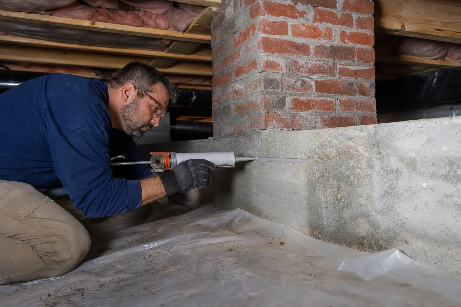 A man uses a caulking gun to seal a gap where a brick chimney meets a concrete crawl space foundation wall.