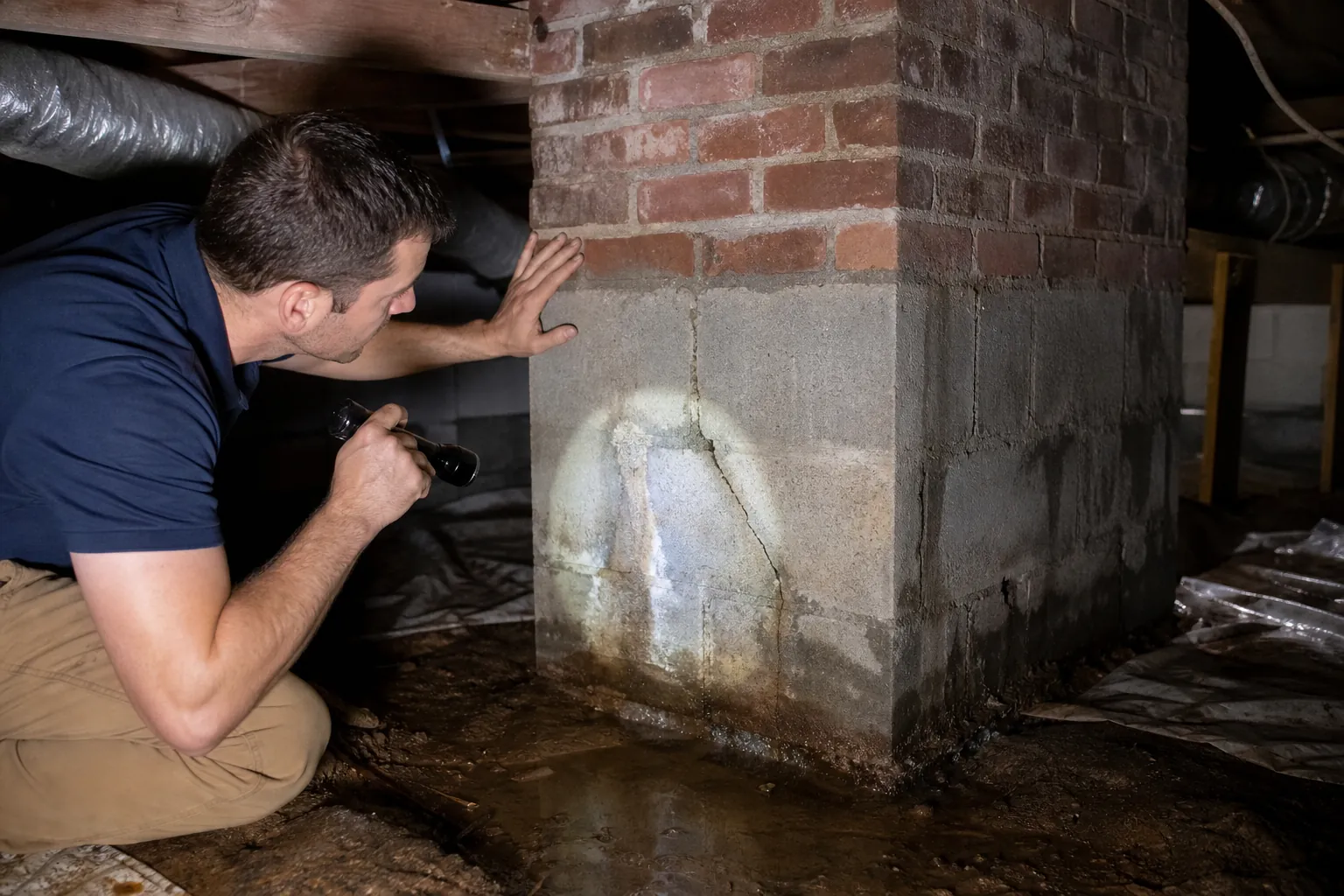A man shines a flashlight on a cracked, water-stained chimney foundation in a damp crawl space.
