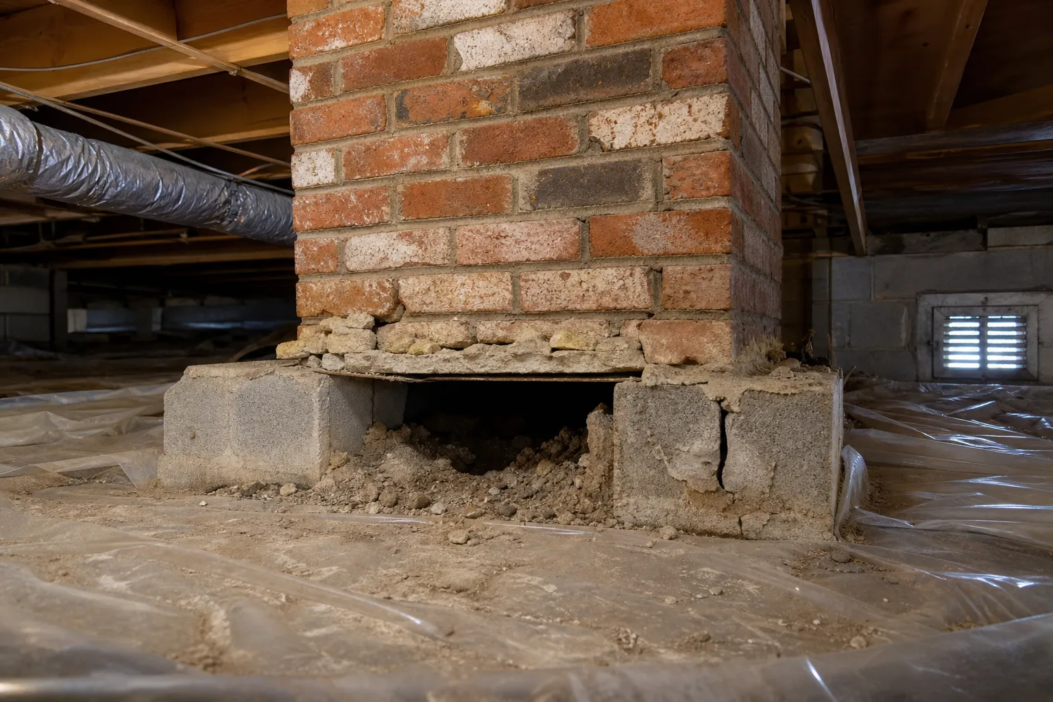 Large open gap and crumbling masonry beneath a brick chimney foundation in a plastic-lined crawl space