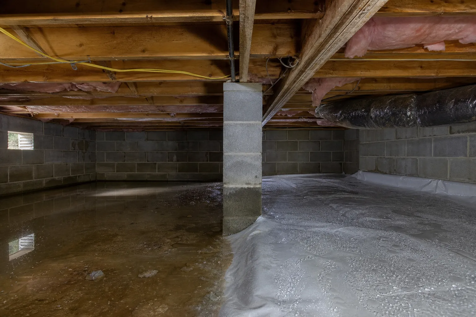 Flooded crawl space with standing water beside a damp vapor barrier, concrete block walls, exposed joists, and ductwork.