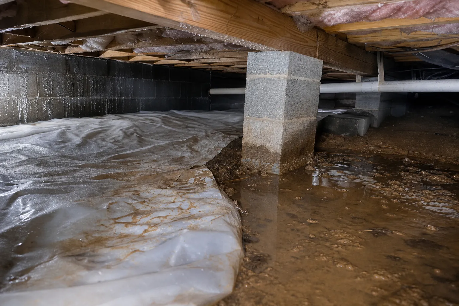 Wet crawl space with pooled muddy water, damp block walls, exposed joists, plumbing, and a partial plastic ground barrier.