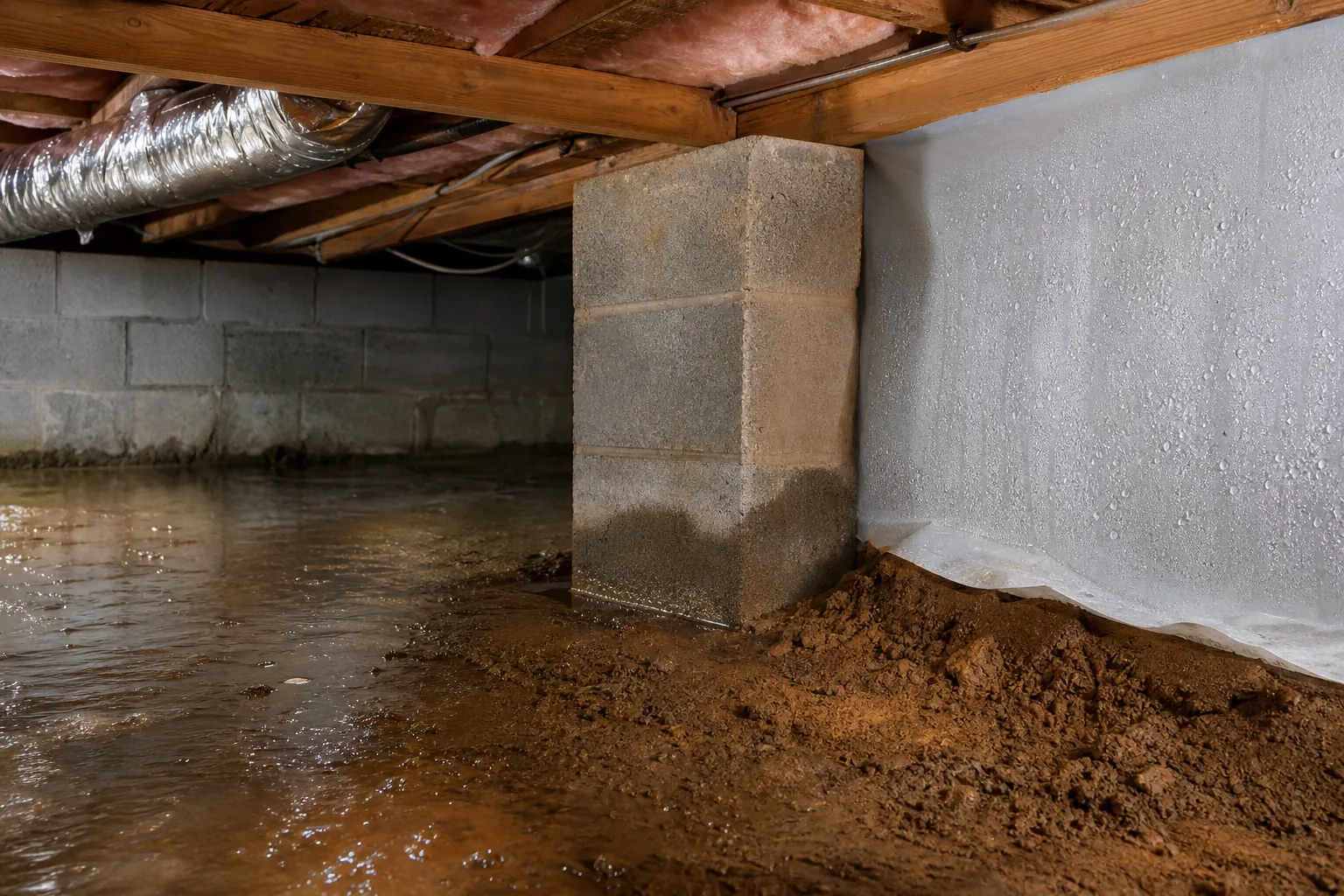 Standing muddy water surrounds a concrete pier beneath a home, with condensation droplets visible on the crawl space wall.