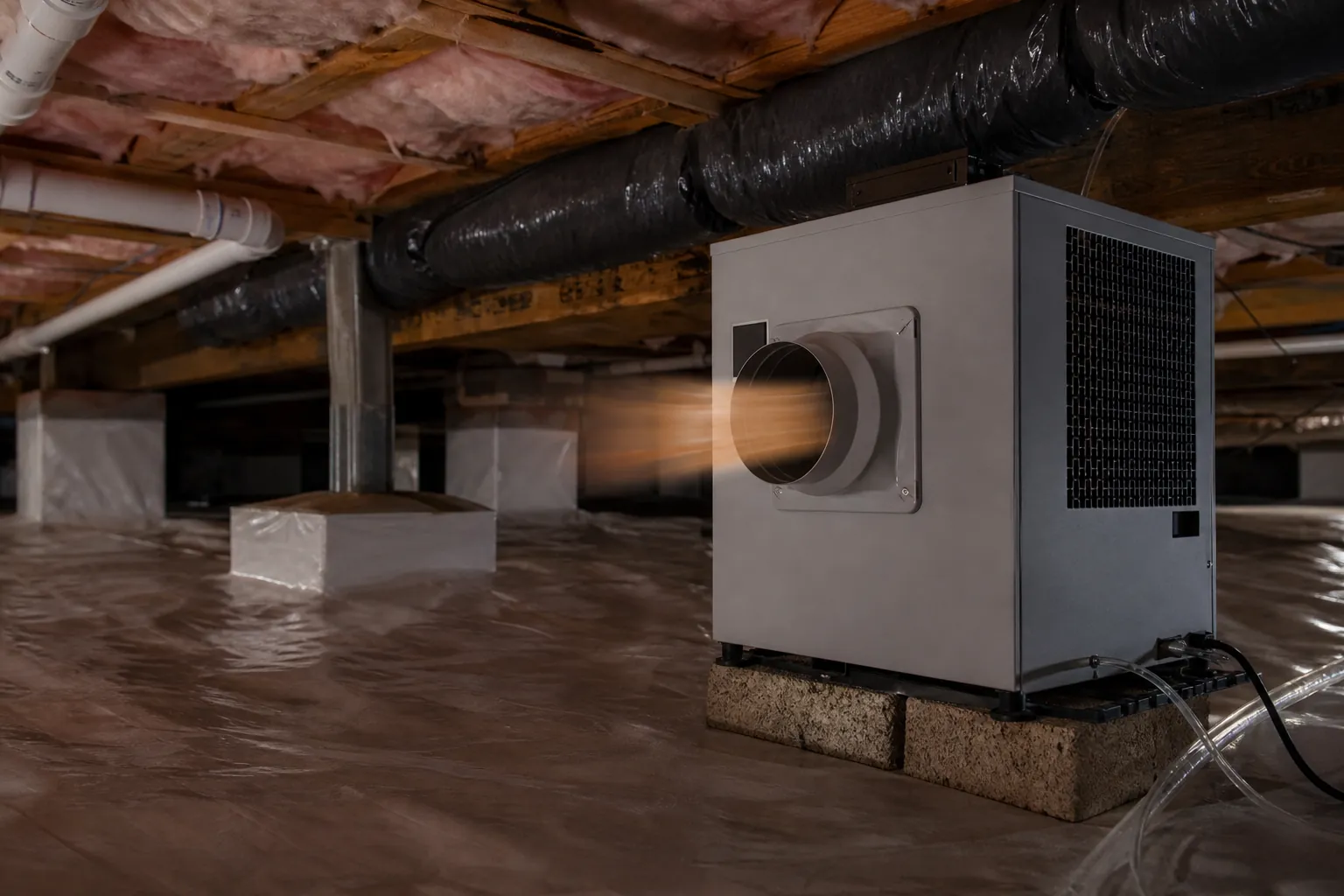 A crawl space dehumidifier sits on concrete blocks beneath insulated joists, with orange airflow streaks coming from its round outlet.