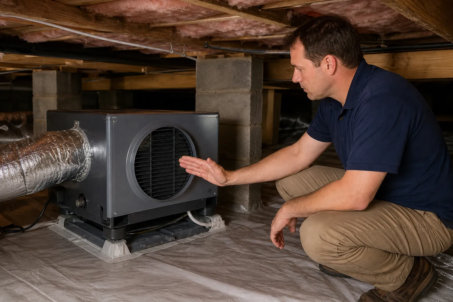 A man crouches in a crawl space, holding his palm near a dehumidifier grille to check the outgoing air.