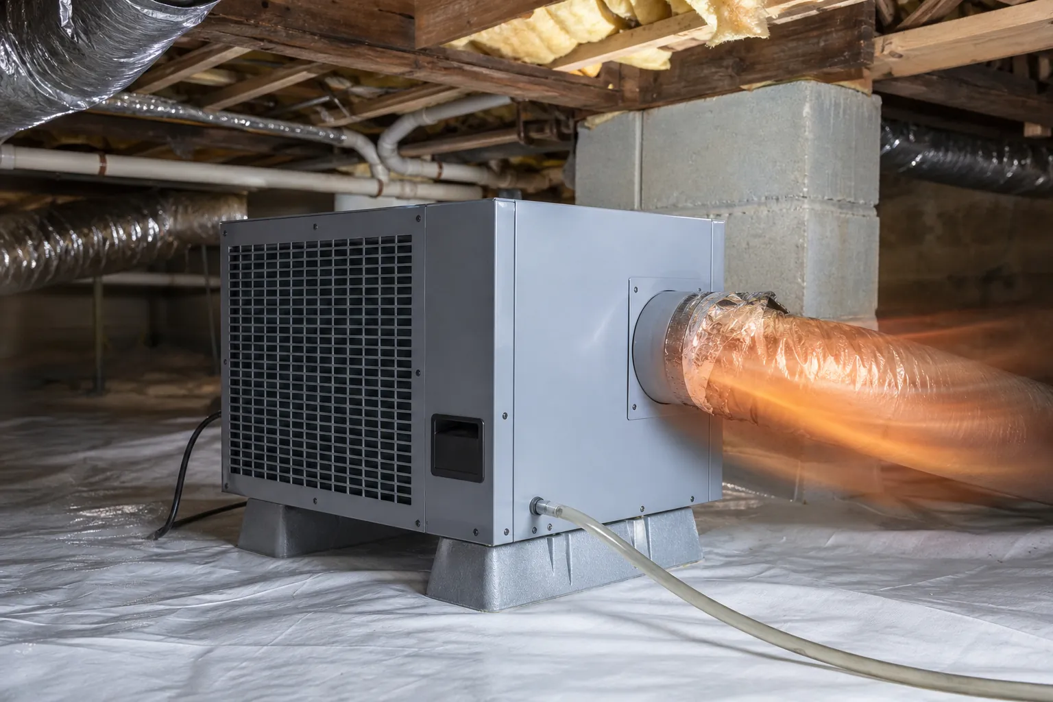 A crawl space dehumidifier on raised supports connects to a flexible duct, with orange streaks illustrating warm airflow.