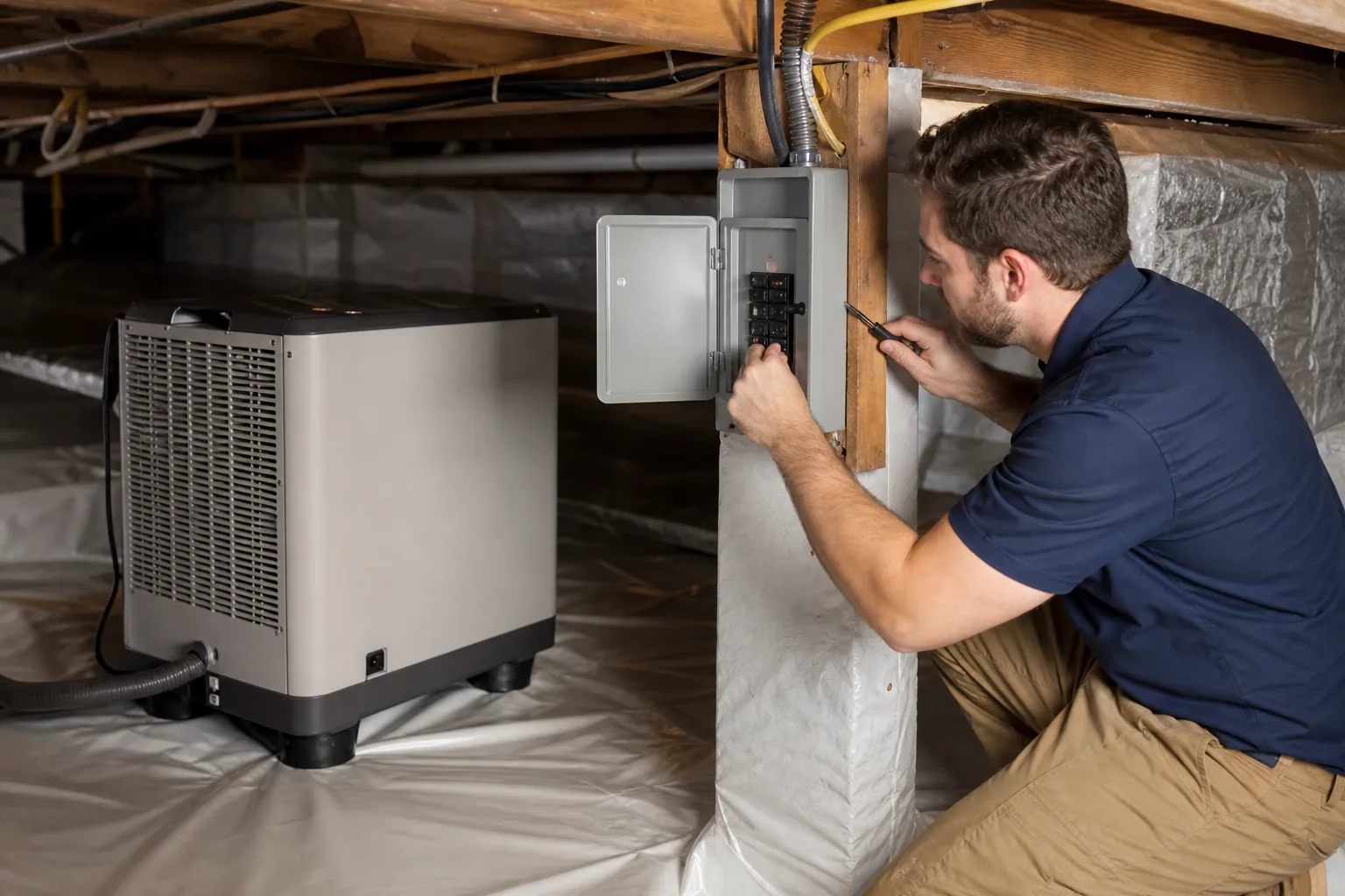 Technician inspects an electrical breaker panel beside a dehumidifier in an encapsulated crawl space.