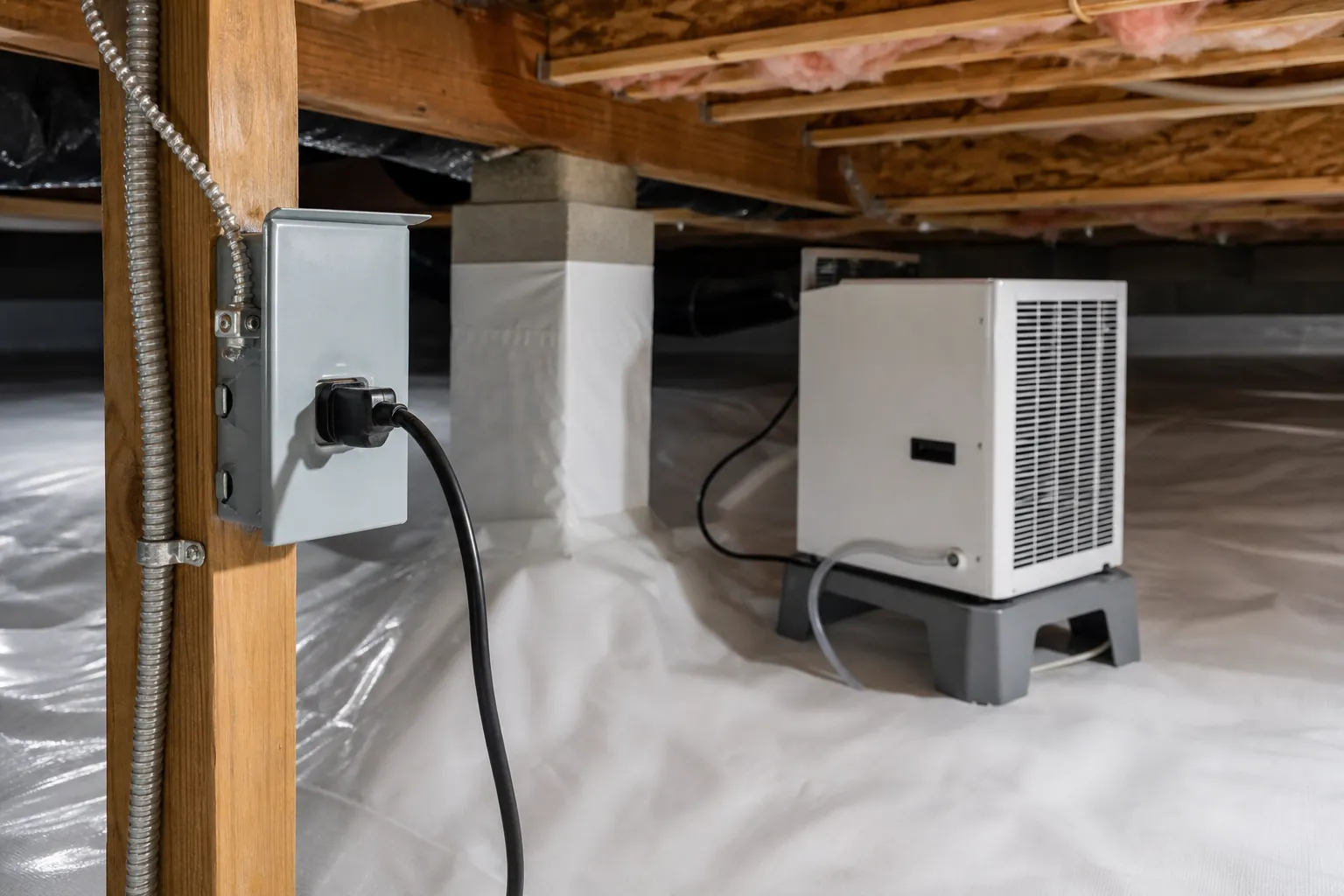 Crawl space dehumidifier connected to a covered electrical outlet beside sealed plastic vapor barriers.