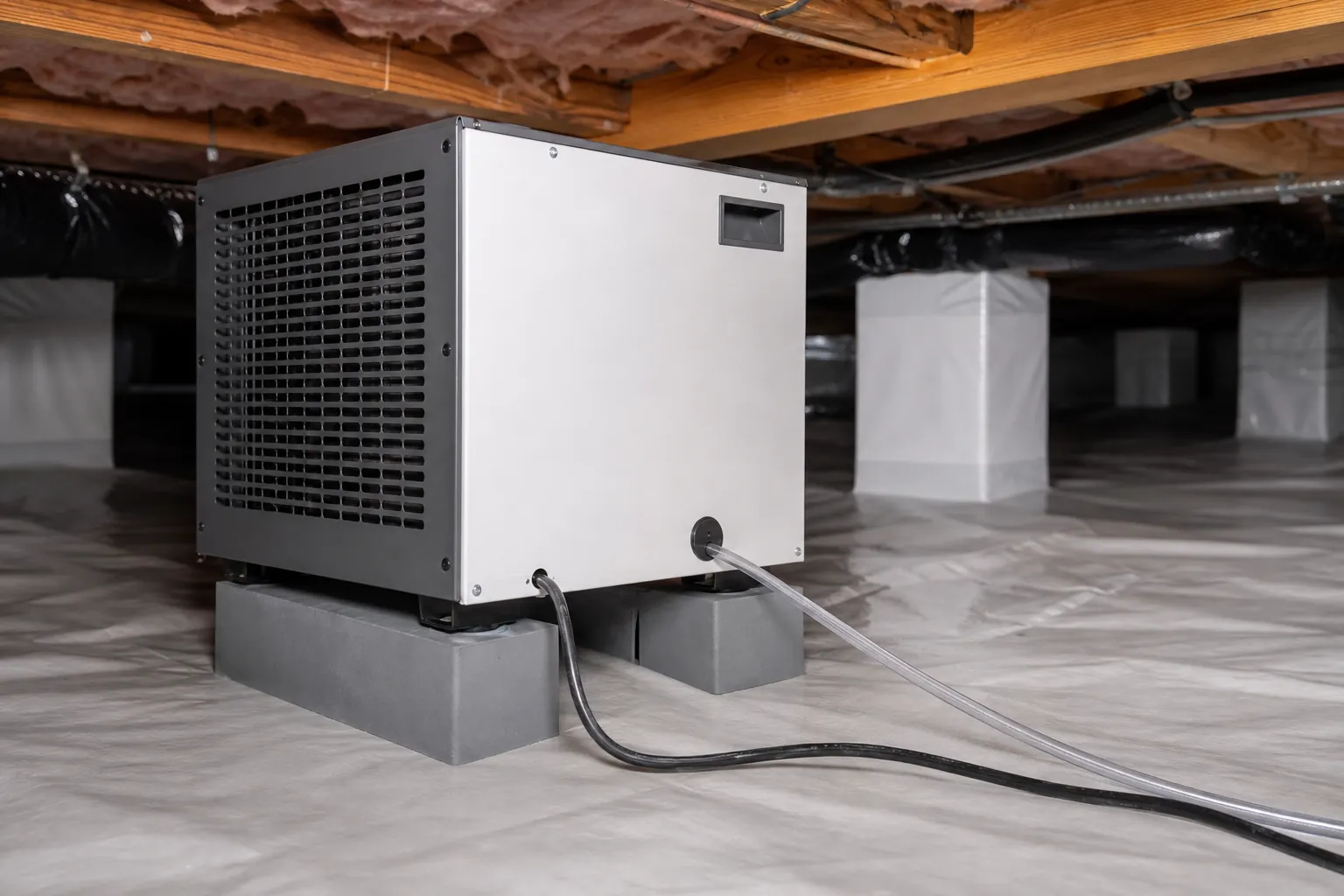 Portable dehumidifier elevated on concrete blocks in a sealed crawl space, with power and drain lines attached.