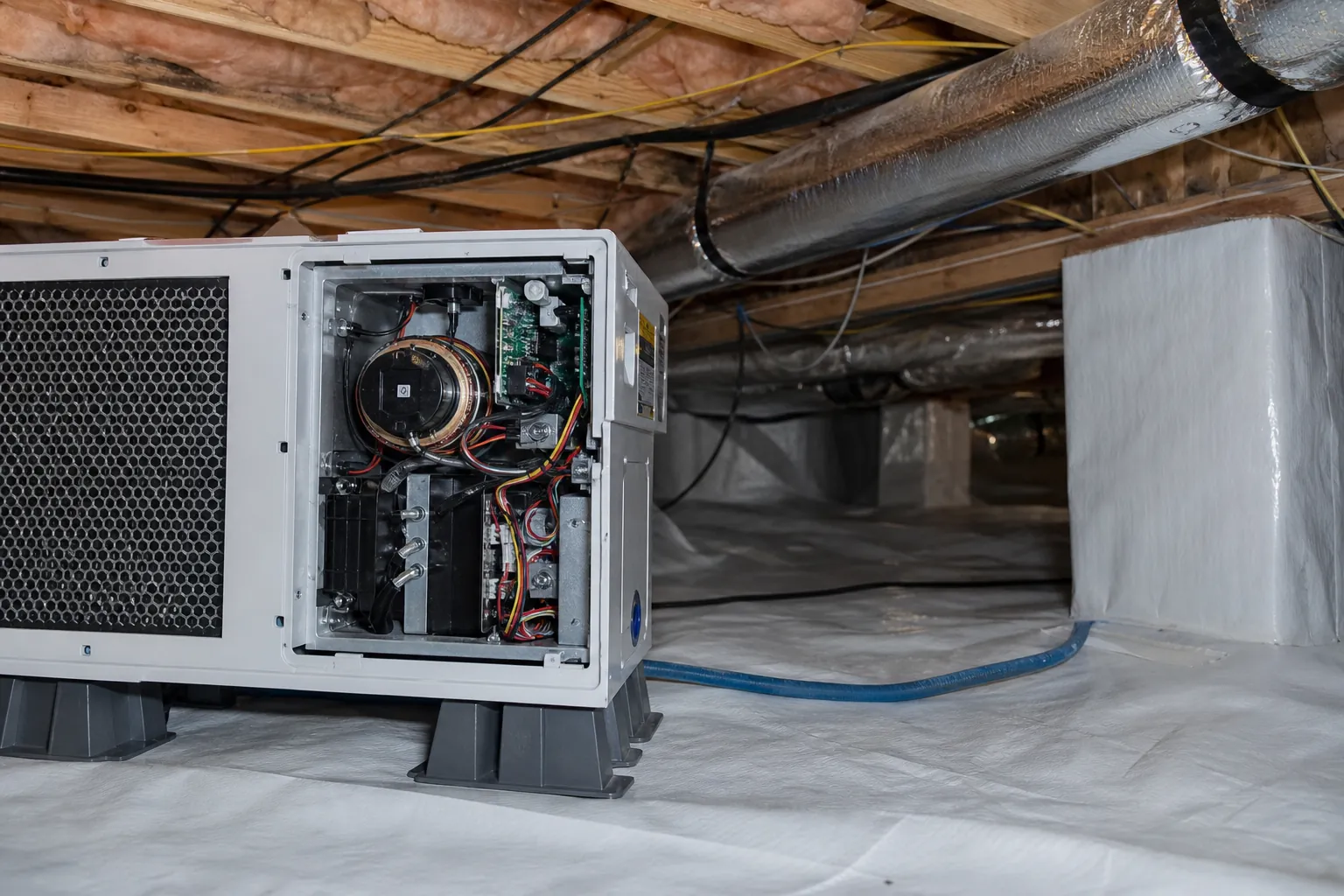 Crawl space dehumidifier with an open service panel exposing wiring and components beneath insulated ducts and wooden joists.