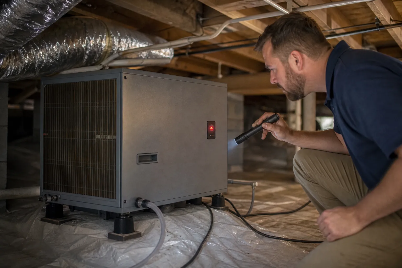 A man crouches in a crawl space, shining a flashlight at a gray dehumidifier with a glowing red indicator and drain hose.