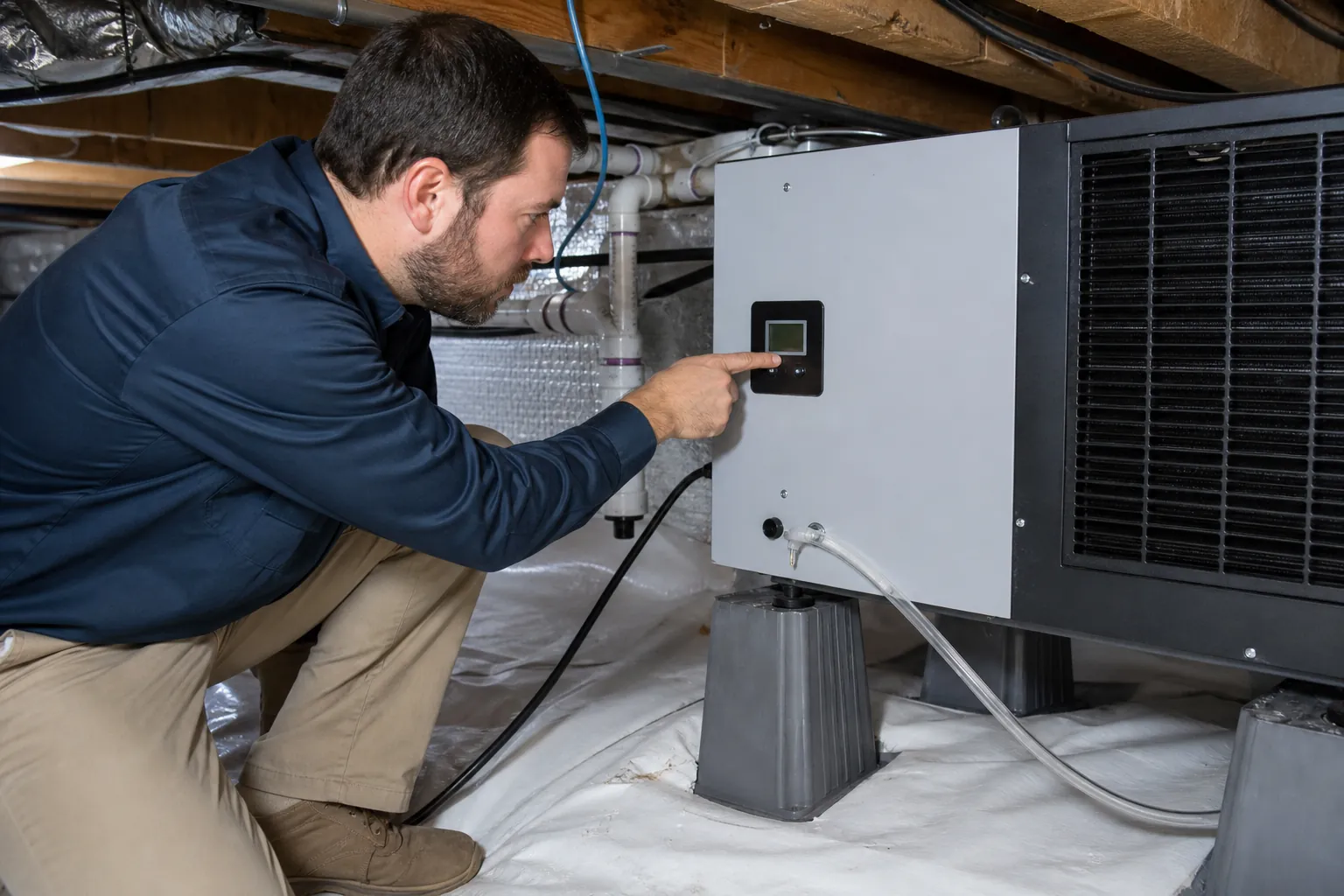 A man crouches in a crawl space and points at a dehumidifier's small control screen beside its large air grille.