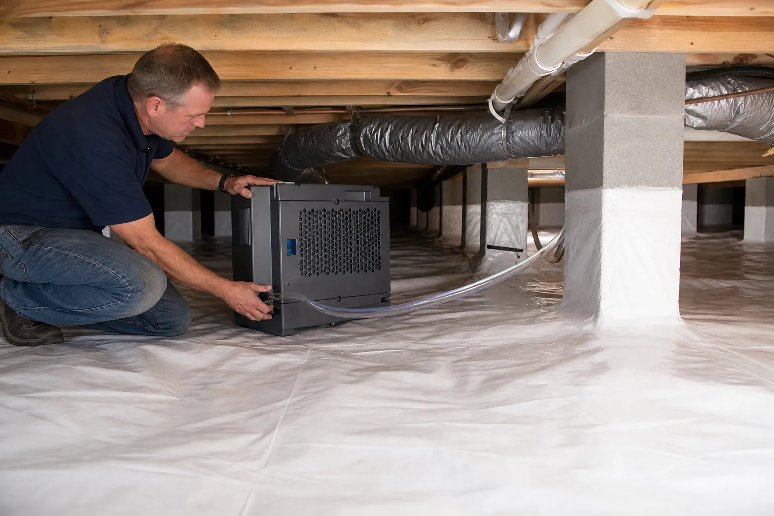 A man kneels beside a gray dehumidifier with a clear drain hose in a crawl space lined with white vapor barrier.