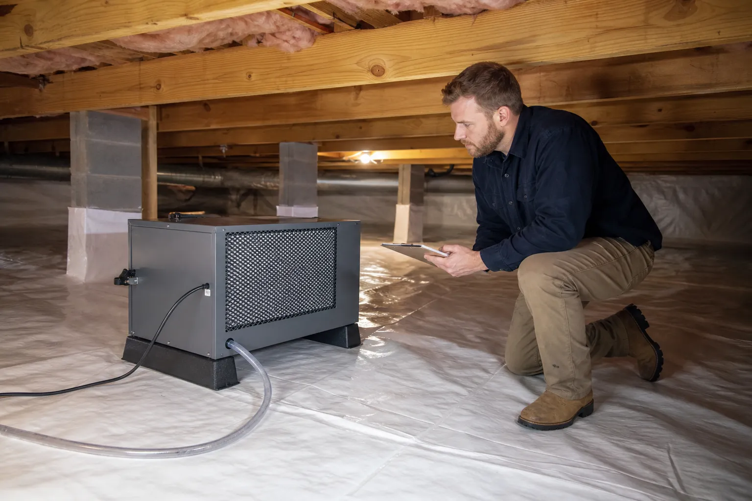 A man kneels with a tablet beside a gray crawl space dehumidifier with a clear drain hose on a plastic vapor barrier.