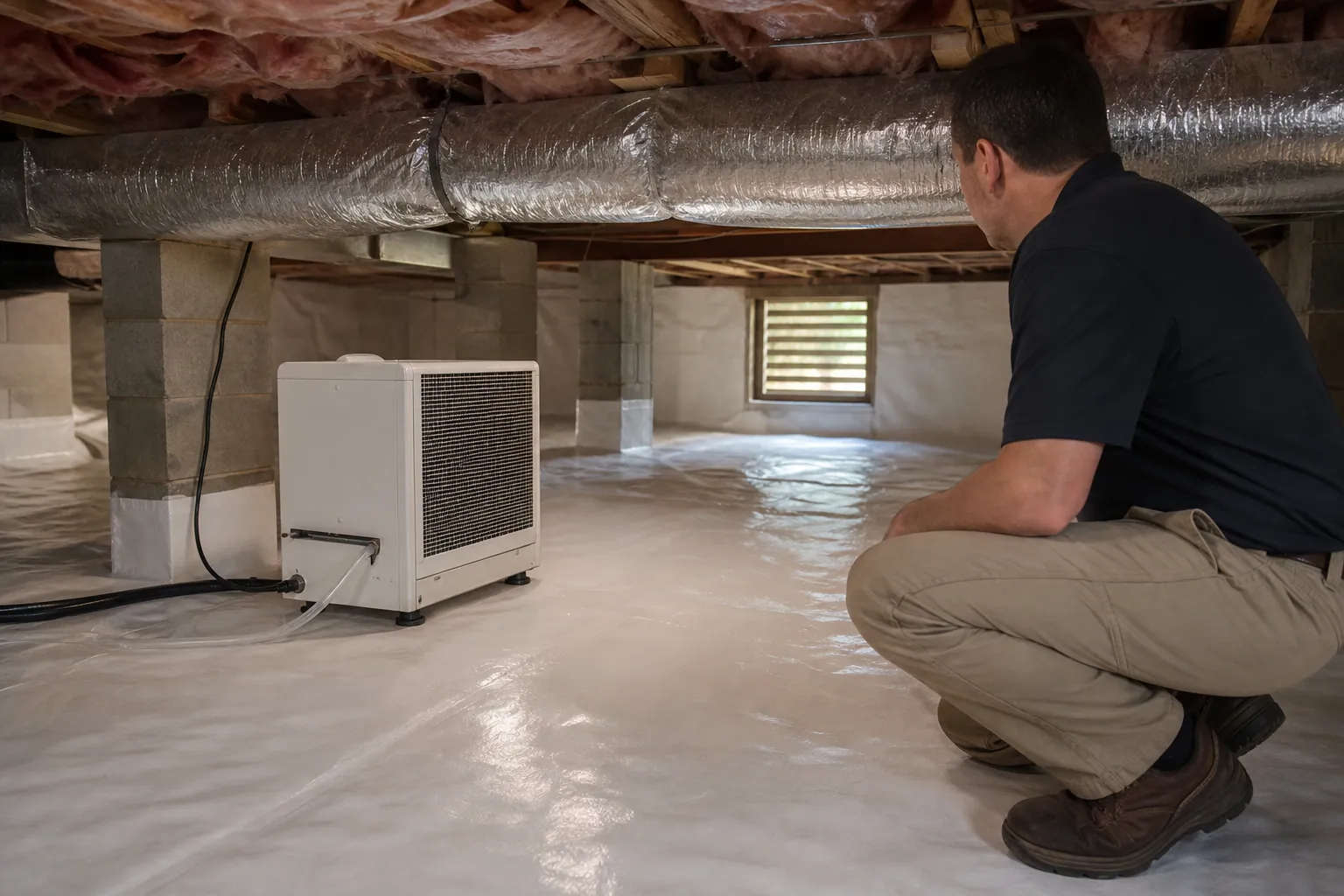A man crouches beside a dehumidifier in a crawl space with plastic floor covering, concrete piers, and insulated ductwork.