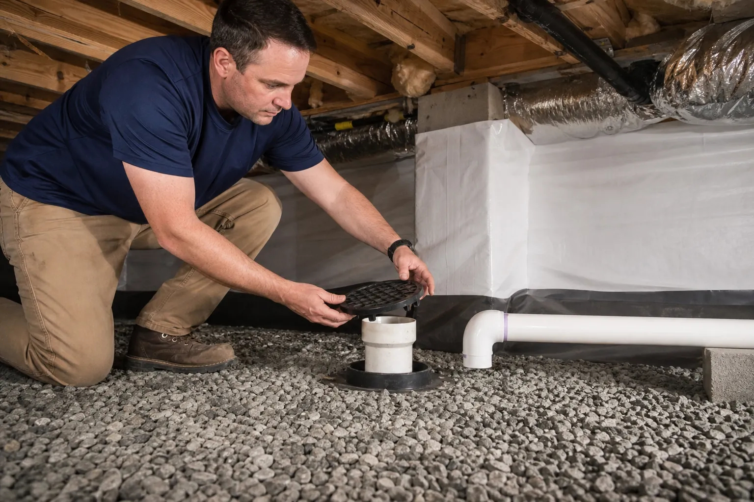 A kneeling man lifts a black cover above a white drain access pipe in a gravel crawl space with white wall lining and exposed joists.