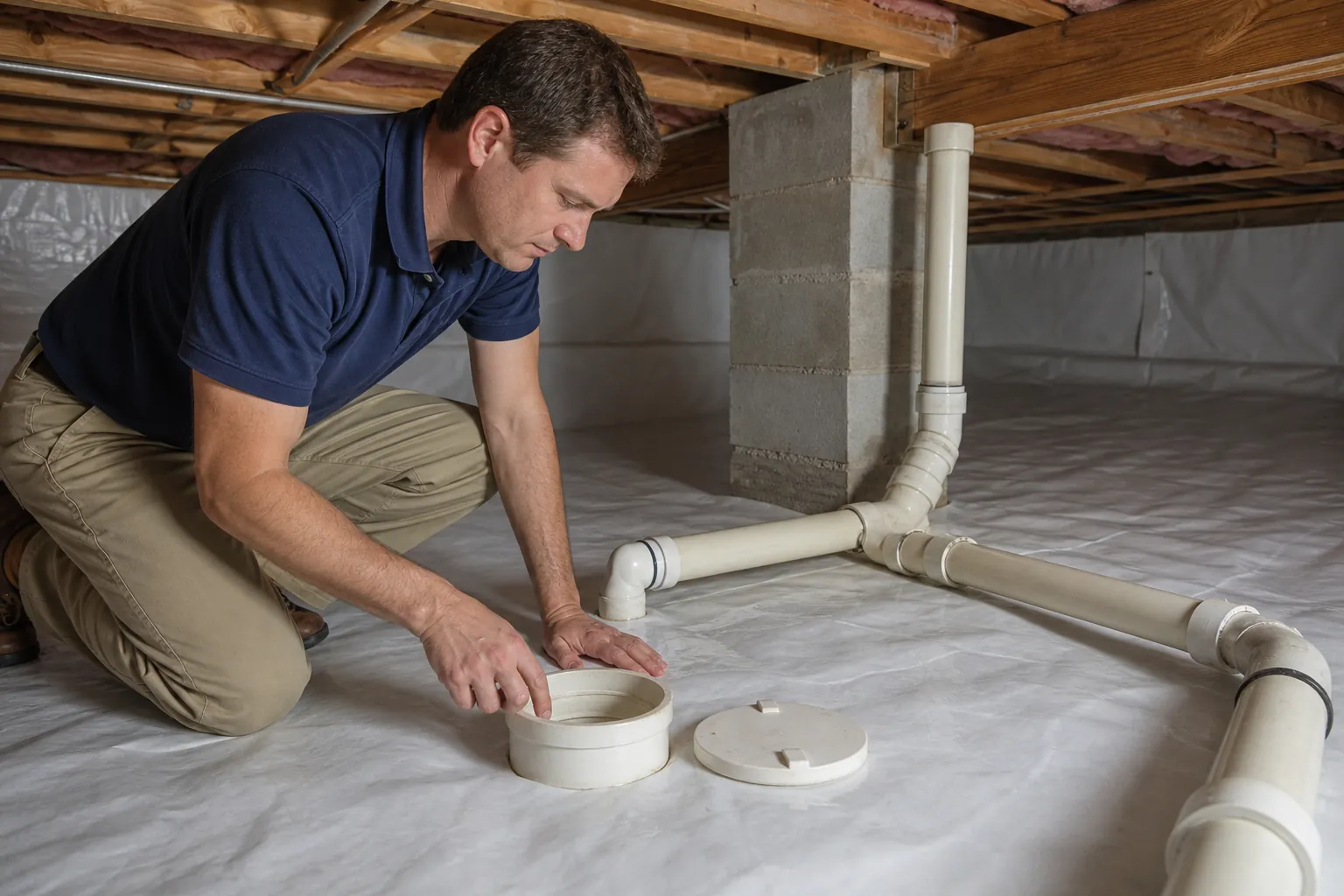 A man kneels in a plastic-lined crawl space, pointing into an open drain cleanout beside white PVC pipes and a removed cap.