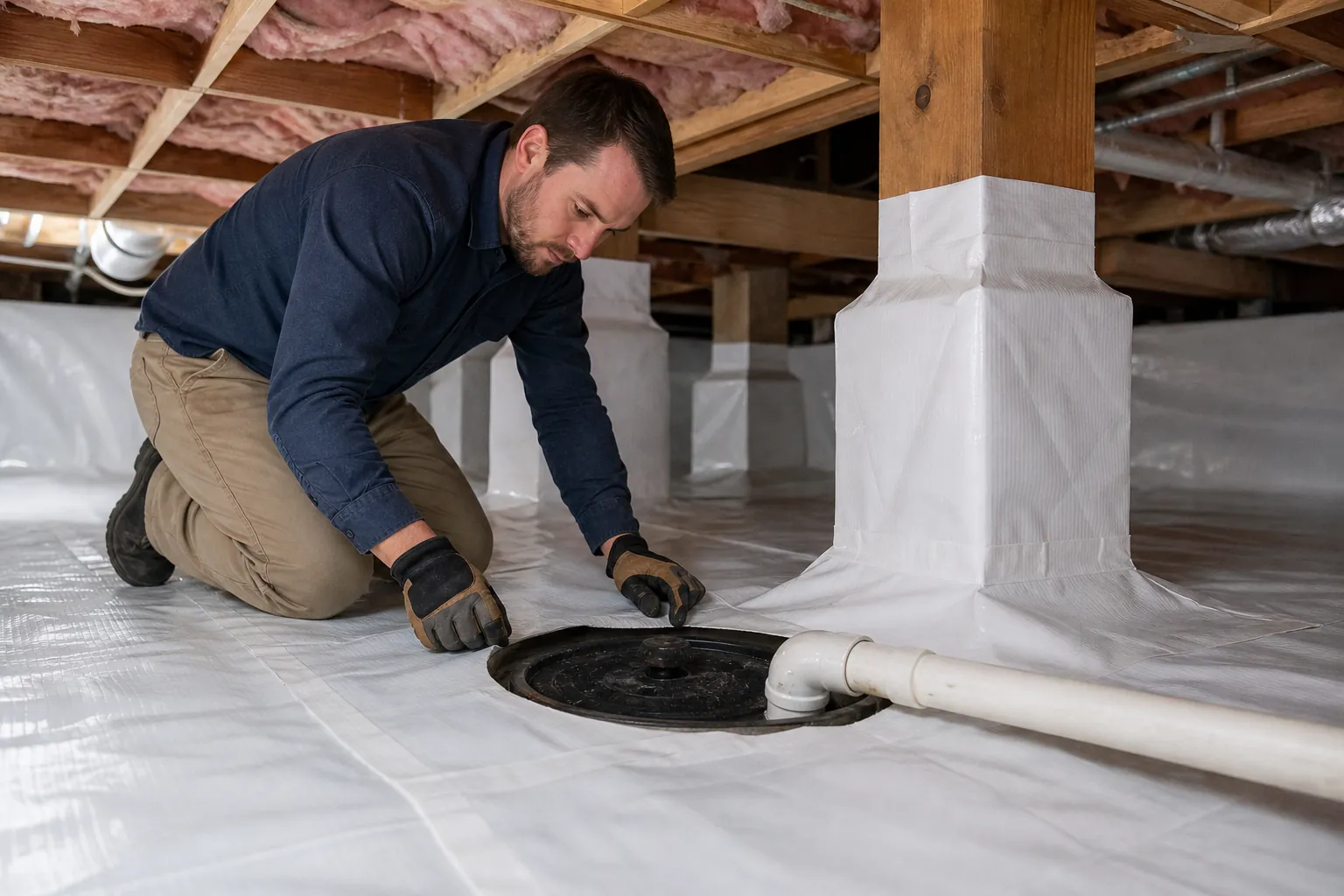 A kneeling worker inspects a round black access lid beside a white PVC pipe in a crawl space lined with white vapor barrier.