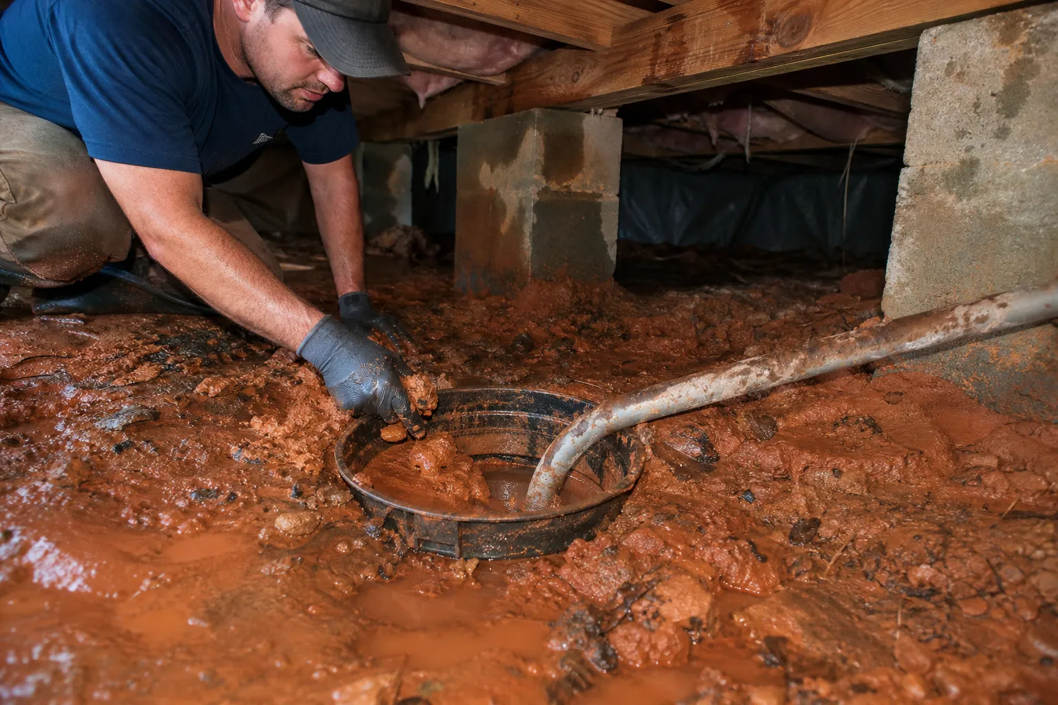 Worker clears thick red clay from a drain basin and pipe beneath a house in a muddy North Carolina crawl space.