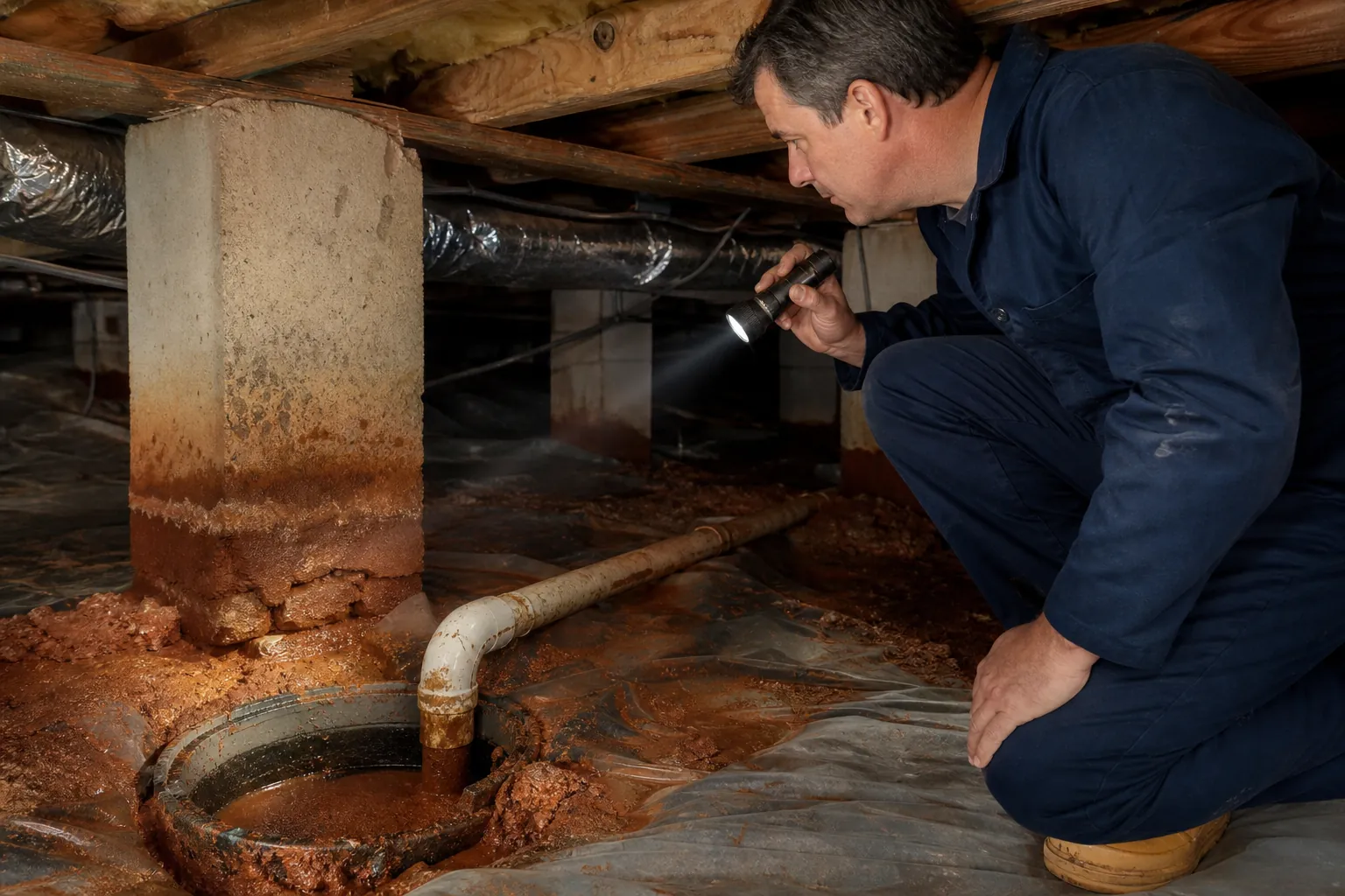 Inspector shines a flashlight on a crawl space drain surrounded by red clay sediment and muddy standing water.