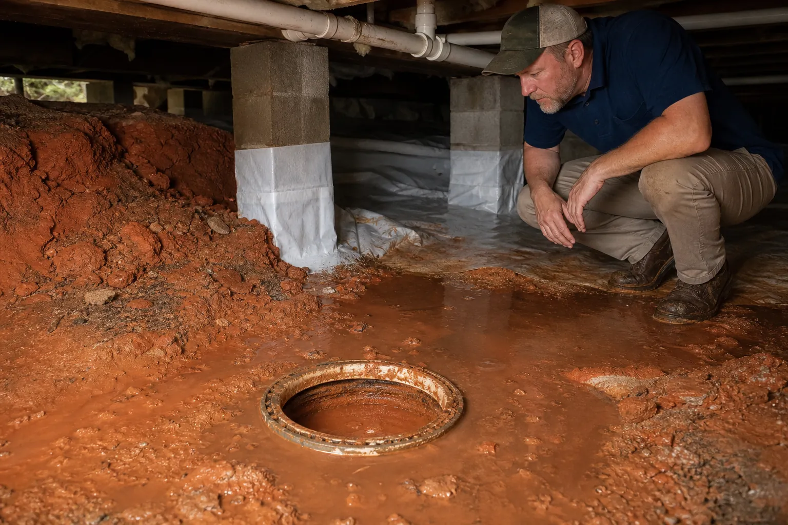 Man inspecting a crawl space drain surrounded by muddy water and red clay sediment beneath a raised house.
