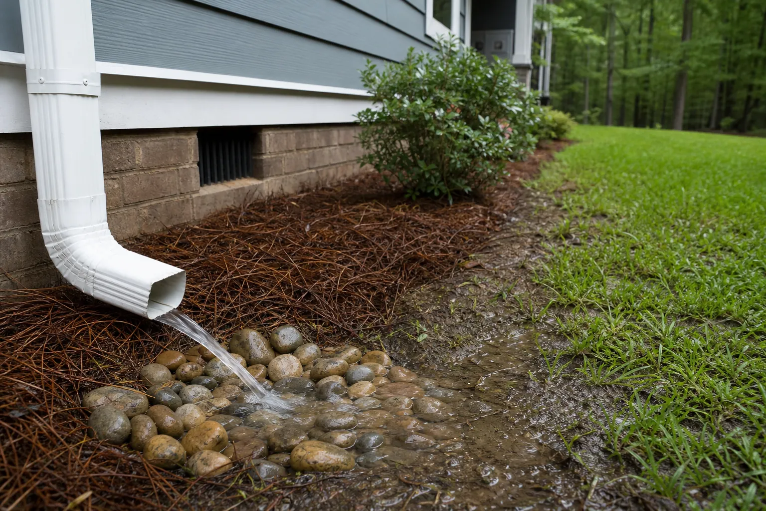 Water flows from a white downspout onto river rocks beside a crawl space foundation and grassy yard.