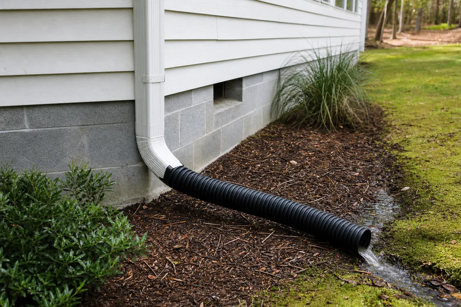 Black corrugated extension carries downspout water away from a home's crawl space foundation across a mulched yard.