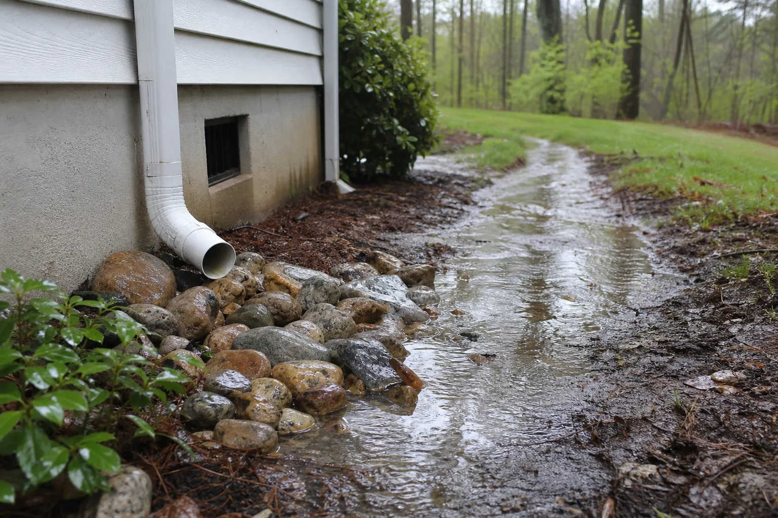 White downspout discharging beside a crawl space vent into a wet rock-lined drainage path along a house.