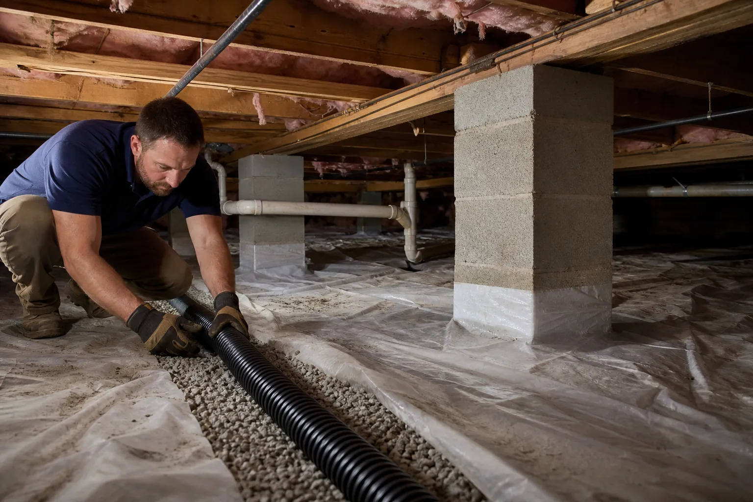 Worker installs black corrugated drainage pipe in a gravel trench beneath a home's plastic-lined crawl space.
