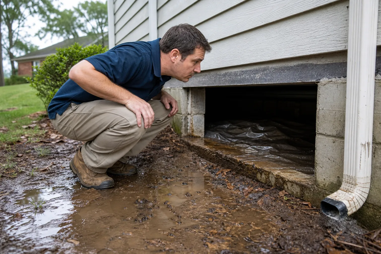 A man crouches beside an open crawl space, inspecting muddy standing water near a downspout and foundation.