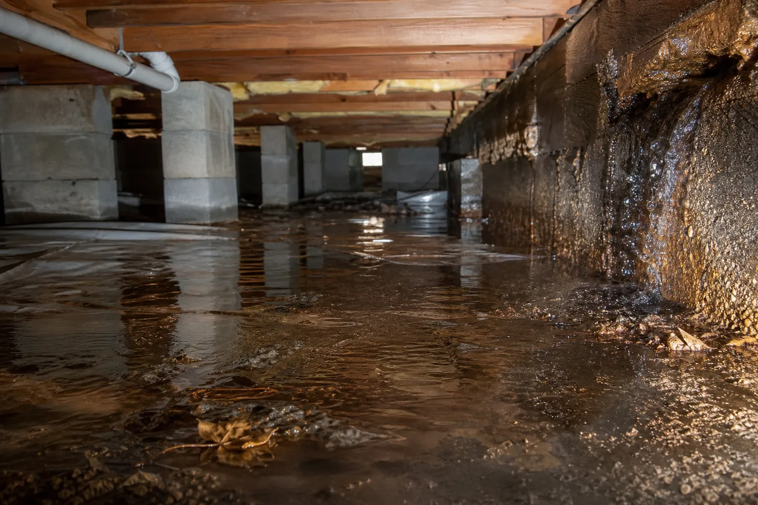 Standing water covers the ground beneath a house, with damp foundation walls, support piers, floor joists, and plumbing visible.