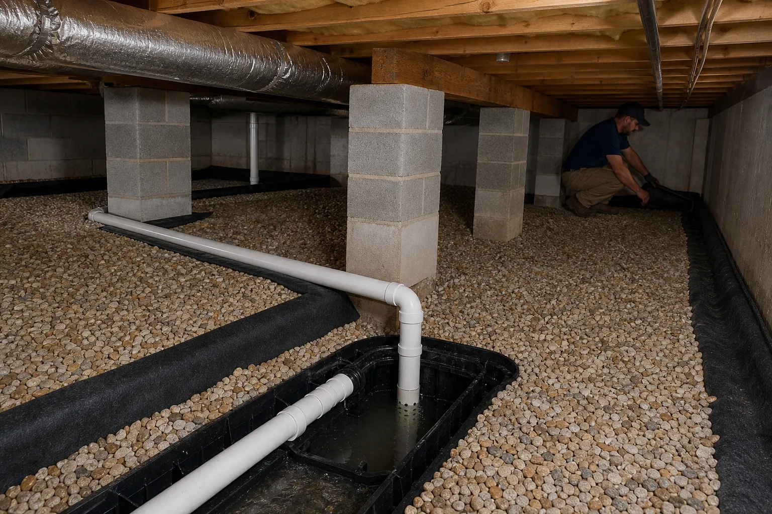 Worker installs drainage beside a gravel-covered crawl space with PVC pipes, block piers, and an open sump basin.