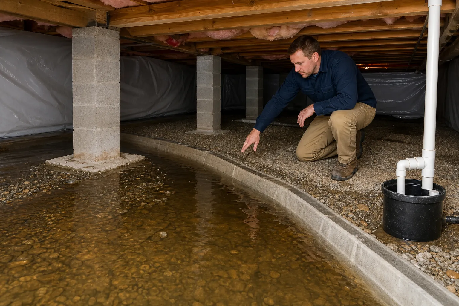 A man inspects standing water beside a concrete drainage channel and sump piping in a gravel crawl space.