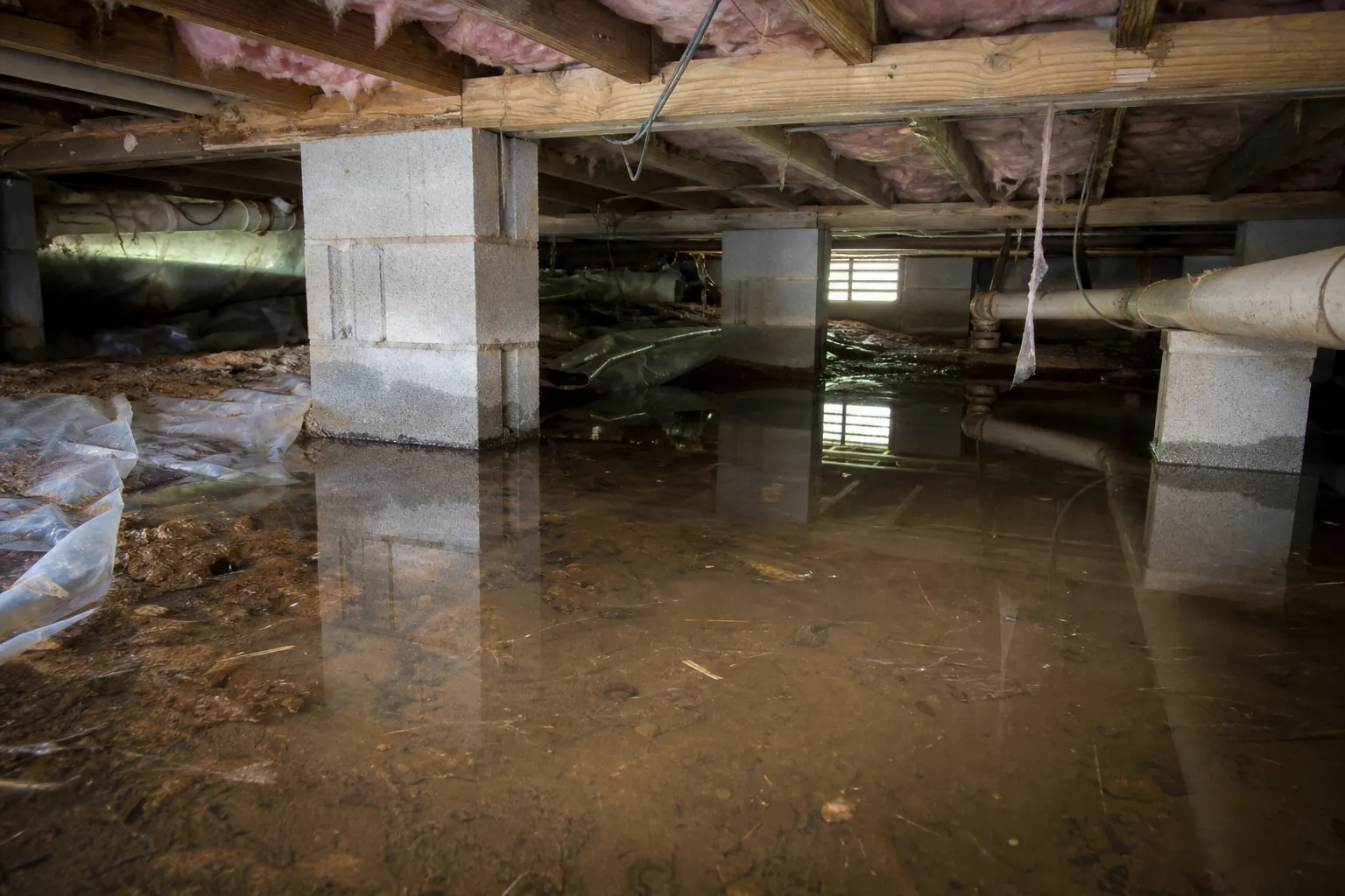 Standing water floods a low crawl space beneath floor joists, insulation, block piers, and drain pipes.