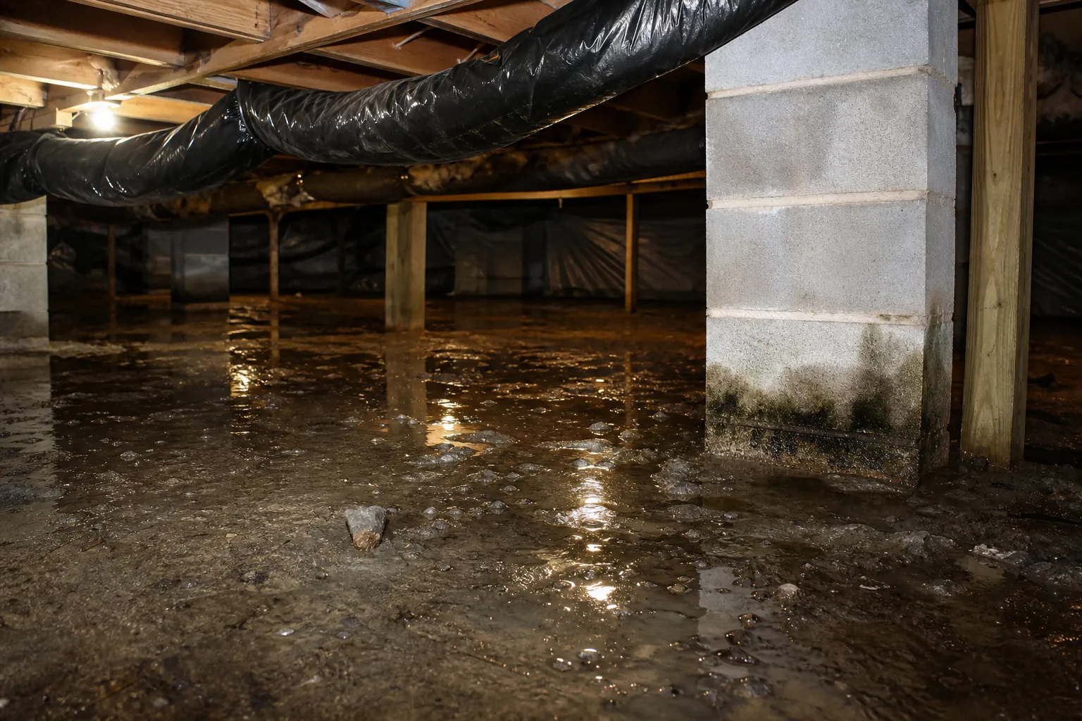 Editorial illustration of Signs your crawl space may need drainage in North Carolina