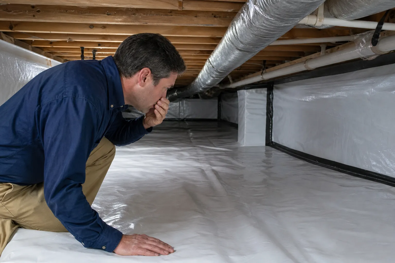 A crouching man covers his nose and mouth in a crawl space lined with white vapor barrier beneath wooden joists and ductwork.