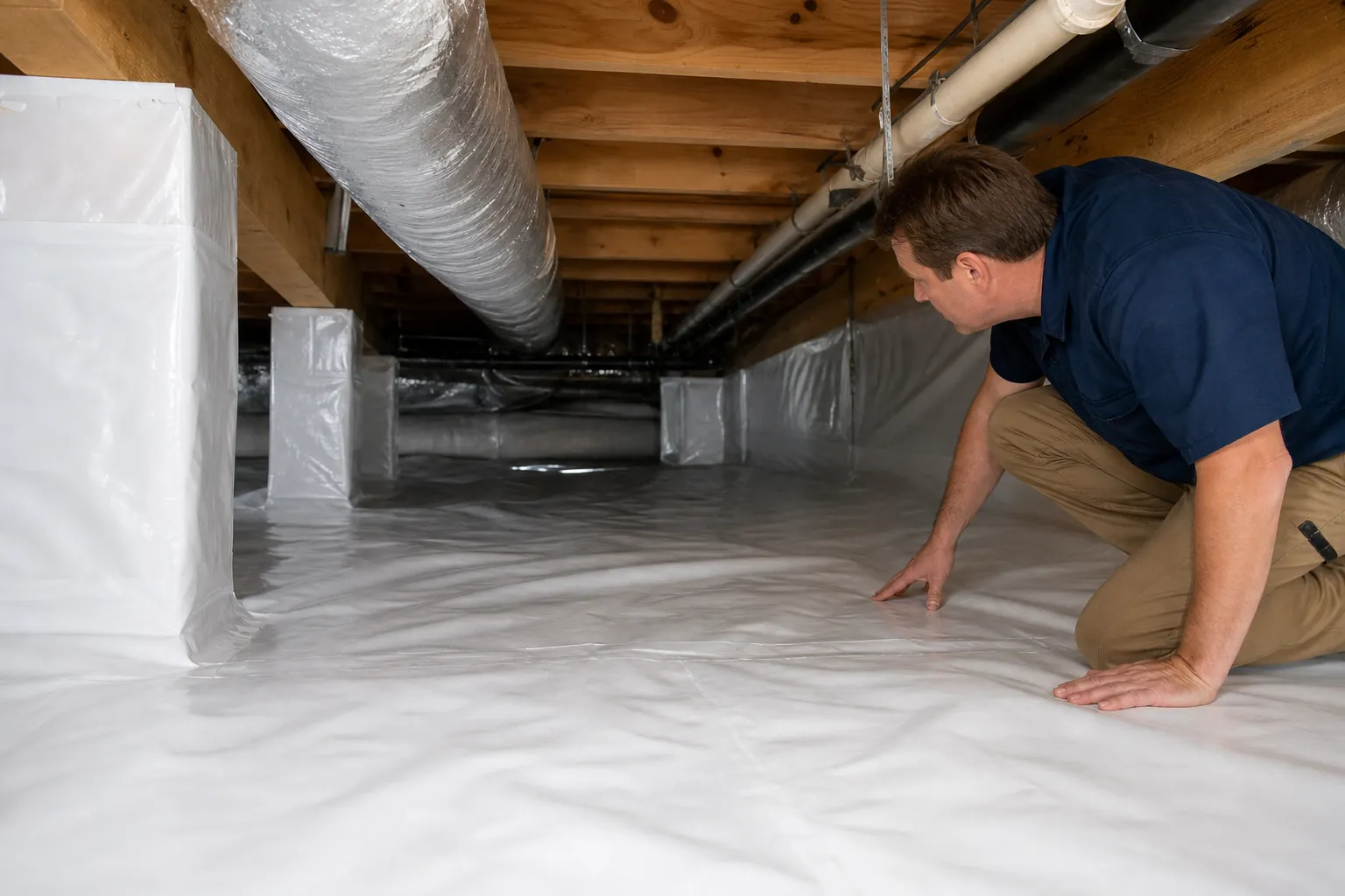 A man kneels on white vapor barrier sheeting in an encapsulated crawl space beneath wooden joists, pipes, and ductwork.