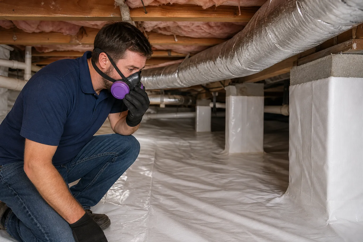 A man wearing gloves and a respirator crouches in a crawl space lined with white vapor barrier beneath insulated ductwork.