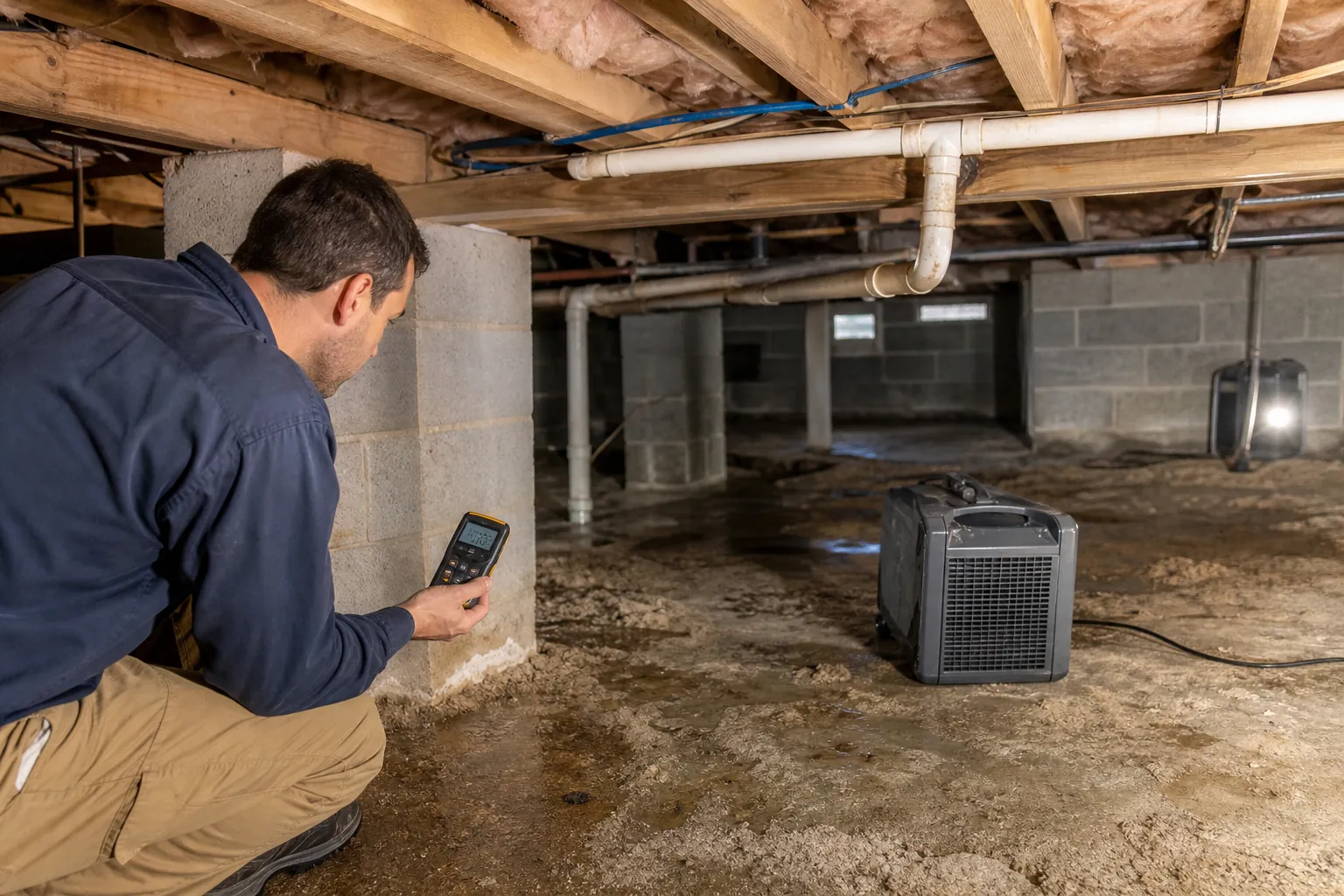 Technician checks moisture levels beside a portable drying unit in a damp crawl space with exposed pipes and joists.