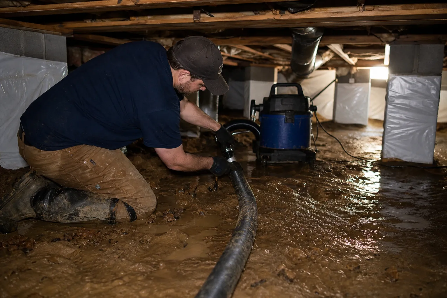 Worker kneels in a flooded crawl space while positioning a pump hose to remove standing water from the muddy floor.
