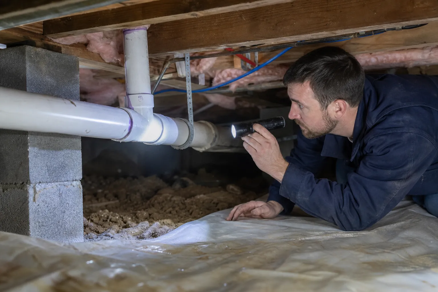 A technician uses a flashlight to inspect white drainpipe joints beneath floor joists in a low crawl space.