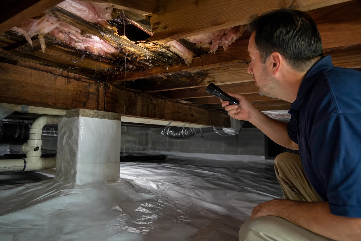 A man with a flashlight inspects water-damaged floor joists above an encapsulated crawl space.