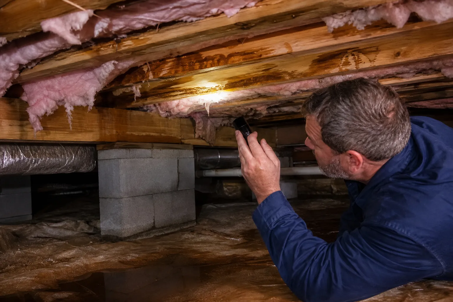 Inspector shines a flashlight on water-stained floor joists and damaged insulation in a damp crawl space.